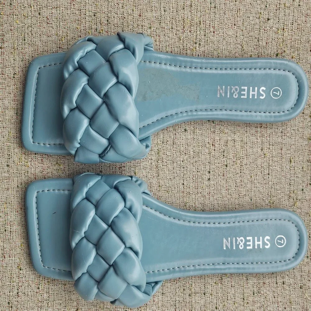 SHE&IN Women's Flat Braided Strap Slipper Blue Faux Leather Sandal Shoe Size 7 - Picture 3 of 9